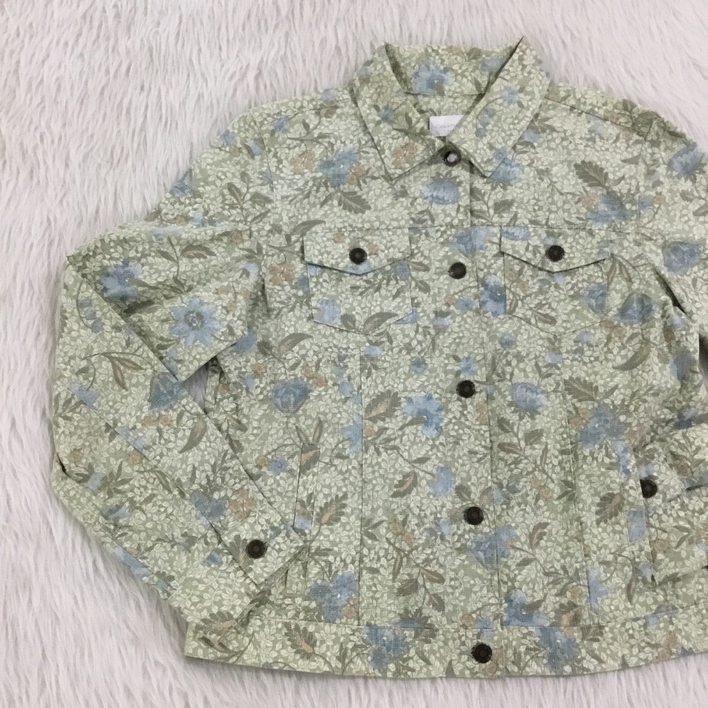 Women’s Blue green spring floral button down jean jacket size small peti…